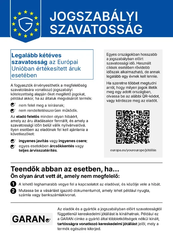 Jogszabályi szavatosság – legalább kétéves szavatosság az Európai Unióban értékesített áruk esetében (hivatalos EU-tájékoztató)