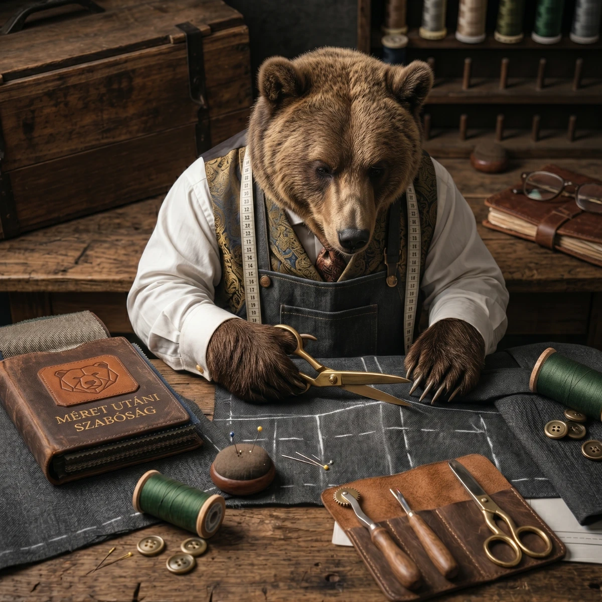 A The Bear Style szabómestere sárgaréz ollóval méretre szabja a szövetet